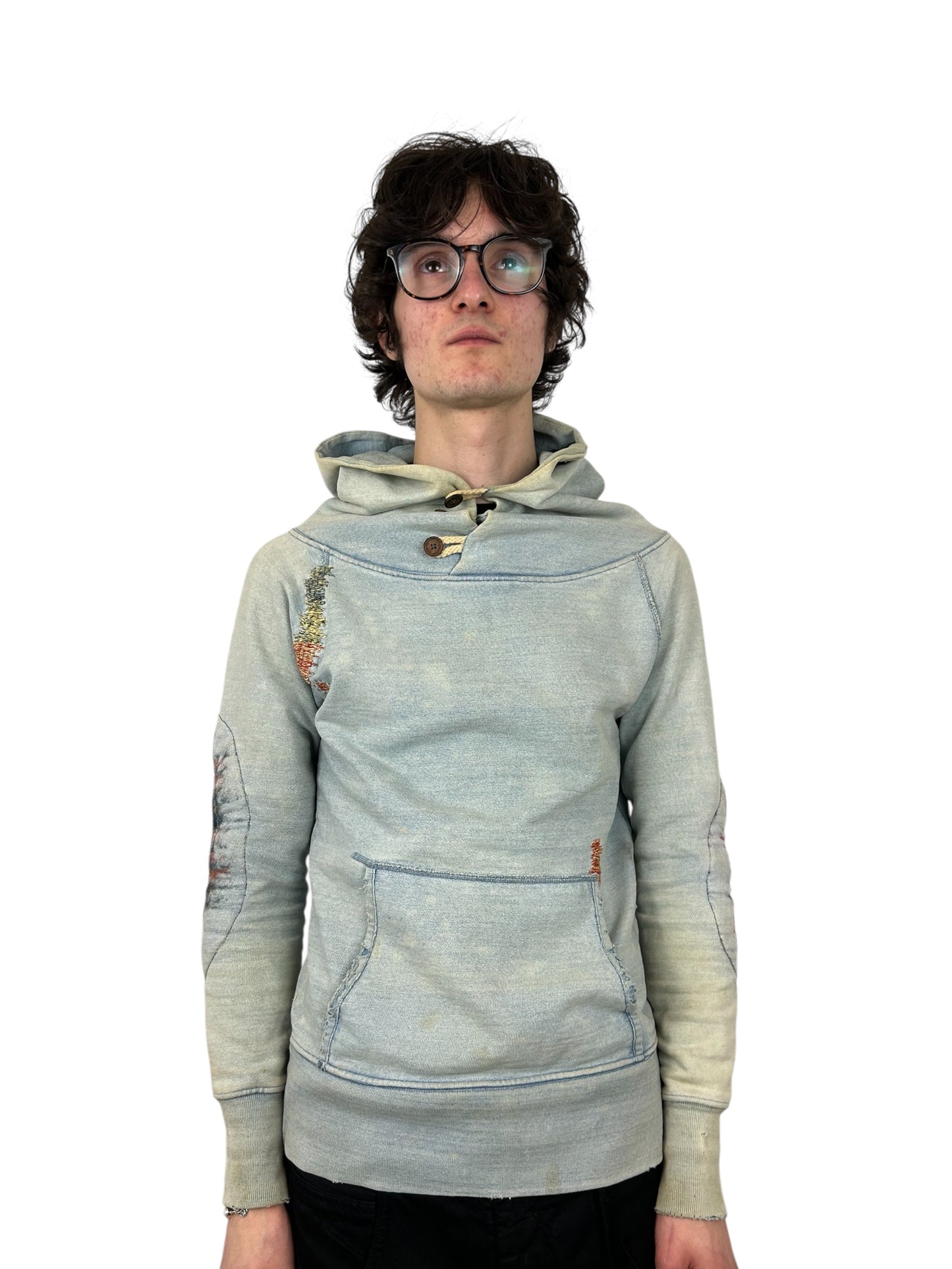 Kapital Yarn Restored Faded Hoodie With Woven Elbow Patches (M)